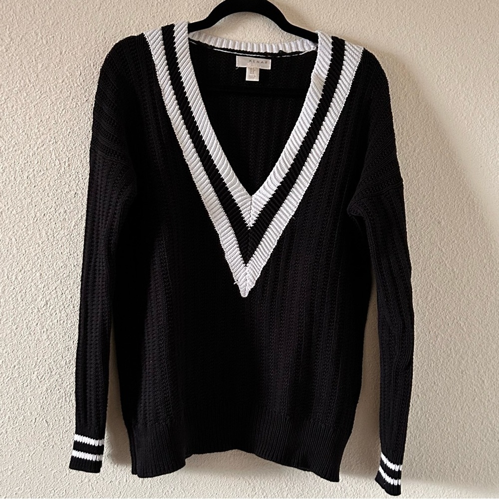KENAR V neck Preppy Knit Sweater Black White Women Size Small
